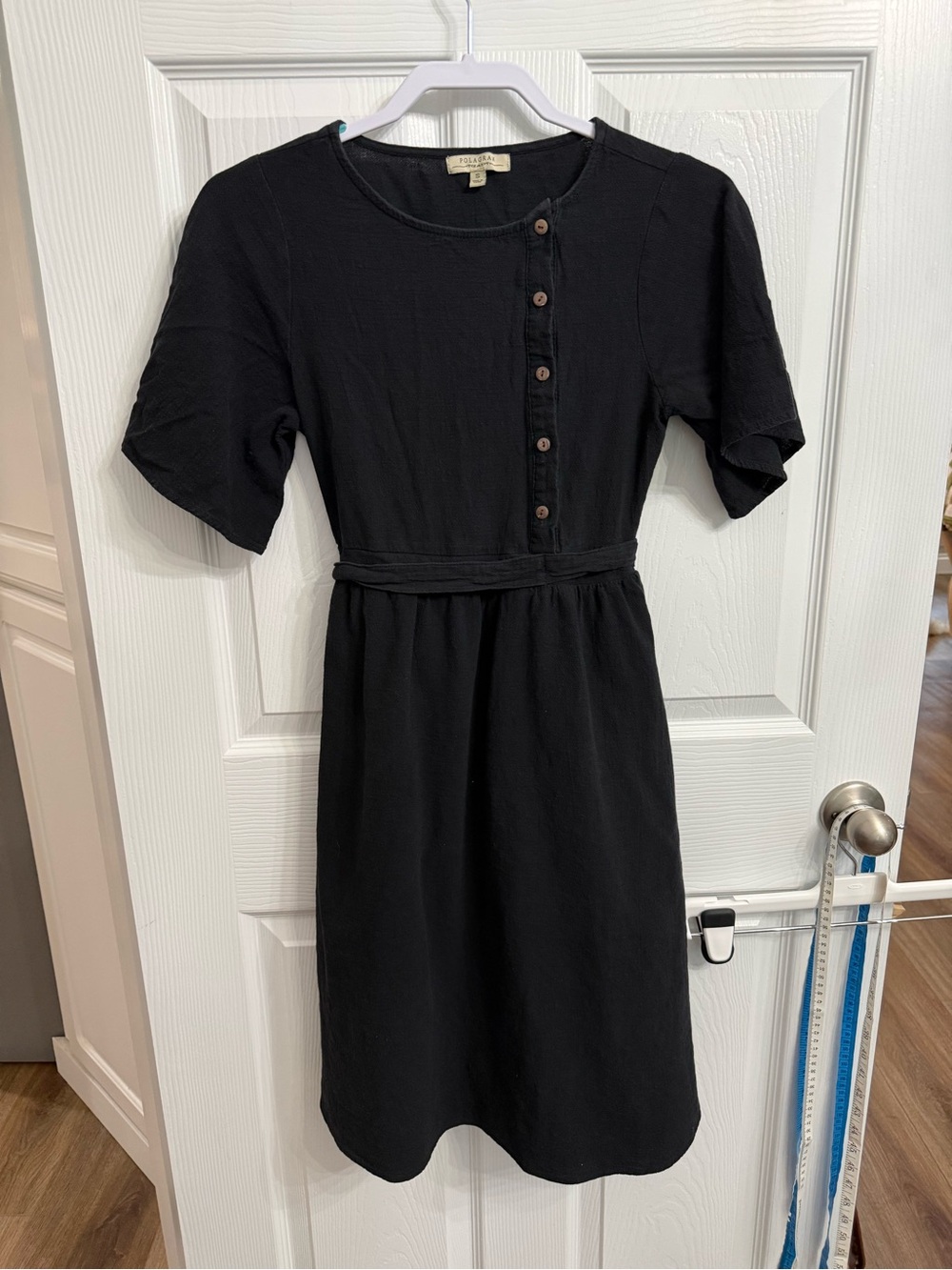 POLAGRAM Black Cotton Cottagecore Prairie Midi Dress Button Front Pockets S